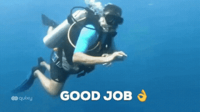 A Man Is Scuba Diving In The Ocean With The Words `` Good Job '' Written On The Bottom Of The Image . GIF
