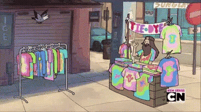 A Man Is Selling Tie Dye Shirts In A Cartoon Scene GIF