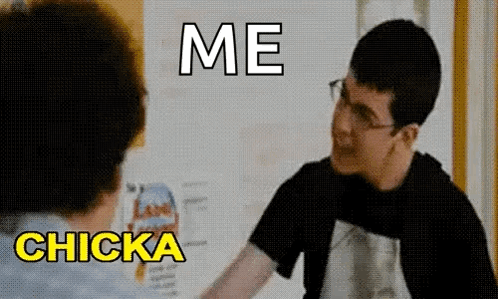 A Man Is Shaking Hands With Another Man With The Words `` Me Chicka '' Written Above Him . GIF