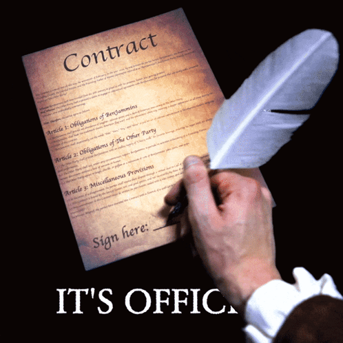 A Man Is Signing A Contract With A Feather Pen GIF