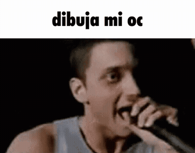 A Man Is Singing Into A Microphone With The Words Dibuja Mi Oc Written On The Bottom . GIF