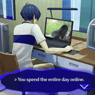 A Man Is Sitting At A Desk Using A Laptop Computer With The Words " You Spend The Entire Day Online " Below Him GIF