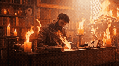 A Man Is Sitting At A Desk With Flames Coming Out Of It GIF
