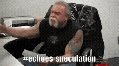 A Man Is Sitting At A Desk With His Arms Outstretched And The Hashtag Echoes Speculation GIF