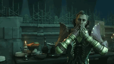 A Man Is Sitting At A Table In A Dark Room Holding A Sword . GIF