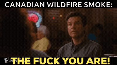 A Man Is Sitting At A Table In A Restaurant With A Sign That Says Canadian Wildfire Smoke The Fuck You Are . GIF