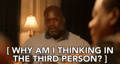 A Man Is Sitting At A Table Talking To Another Man And Asking Him Why Am I Thinking In The Third Person ? GIF