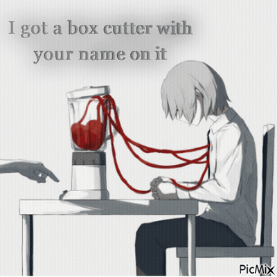 A Man Is Sitting At A Table With A Blender And A Red String Tied Around His Neck GIF