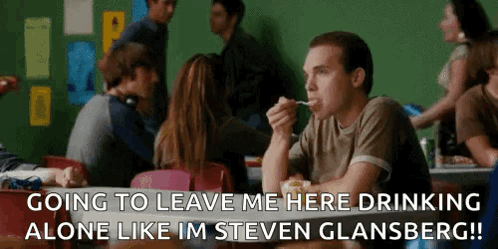 A Man Is Sitting At A Table With A Fork In His Mouth And A Caption That Says Going To Leave Me Here Drinking GIF