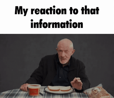 A Man Is Sitting At A Table With A Plate Of Food And A Cup Of Coffee With The Words " My Reaction To That Information "  GIF