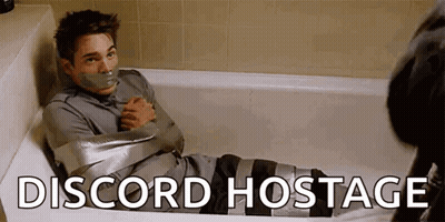 A Man Is Sitting In A Bathtub Wrapped In Duct Tape With The Words `` Discord Hostage '' Written Above Him . GIF