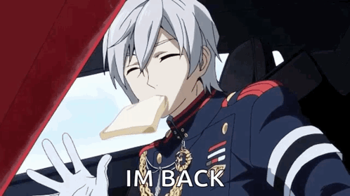 A Man Is Sitting In A Car With A Piece Of Bread In His Mouth And Says `` I 'M Back '' . GIF