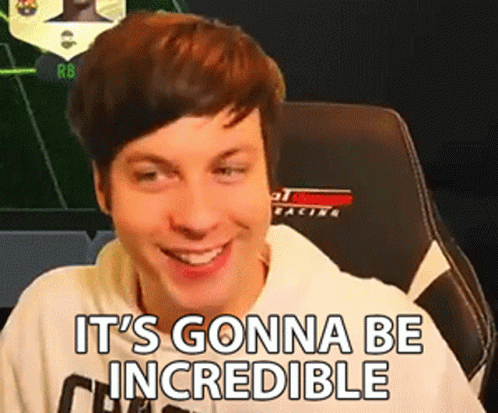 A Man Is Sitting In A Chair And Smiling With The Words It 'S Gonna Be Incredible Above Him GIF