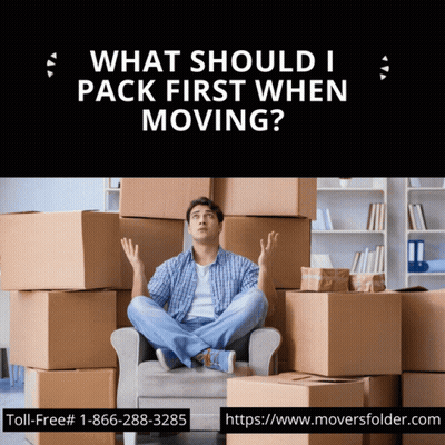 A Man Is Sitting In A Chair Surrounded By Cardboard Boxes With The Words What Should I Pack First When Moving GIF