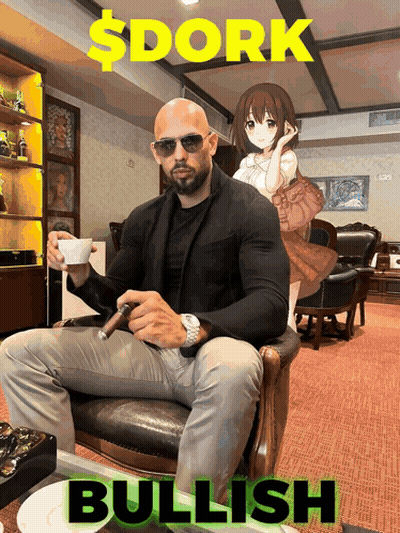 A Man Is Sitting In A Chair With A Woman Behind Him And The Words $ Dork Bullish On The Bottom GIF