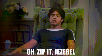 A Man Is Sitting In A Chair With His Eyes Closed And The Words `` Oh , Zip It , Jezebel '' . GIF