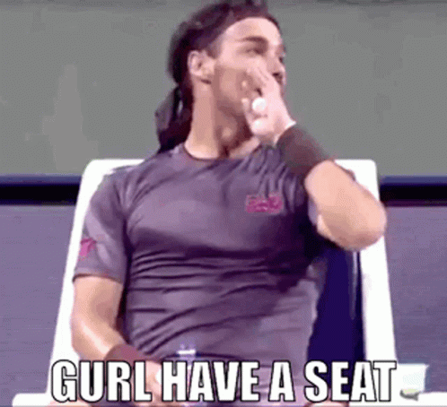 A Man Is Sitting In A Chair With His Hand On His Face And The Words `` Gurl Have A Seat '' Written Above Him . GIF