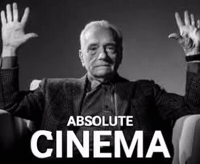 A Man Is Sitting In A Chair With His Hands In The Air And The Words Absolute Cinema Above Him . GIF