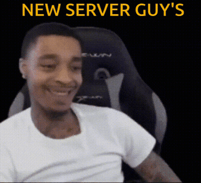 A Man Is Sitting In A Chair With The Words New Server Guy 'S Written Above Him GIF