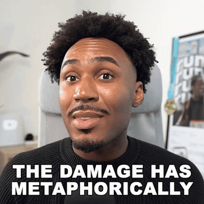 A Man Is Sitting In A Chair With The Words " The Damage Has Metaphorically " Written Below Him GIF