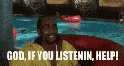 A Man Is Sitting In A Raft In A Pool And Saying `` God , If You Listening , Help ! '' GIF