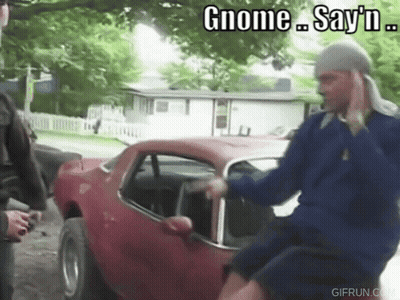 A Man Is Sitting In A Red Car With The Words Gnome Say N On The Bottom GIF