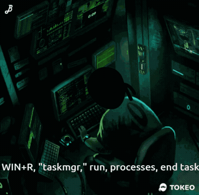 A Man Is Sitting In Front Of A Computer With The Words Win + R " Taskmgr " Run Processes End Task Below Him GIF
