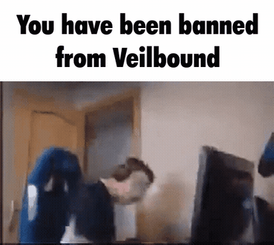 A Man Is Sitting In Front Of A Computer With The Words " You Have Been Banned From Veilbound " GIF