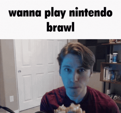 A Man Is Sitting In Front Of A Door With The Words Wanna Play Nintendo Brawl Below Him GIF