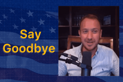 A Man Is Sitting In Front Of A Microphone With The Words Say Goodbye Behind Him GIF