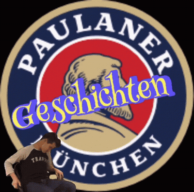 A Man Is Sitting In Front Of A Paulaner Munchen Logo GIF