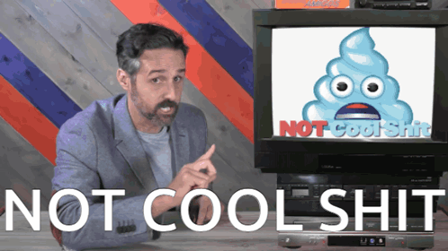 A Man Is Sitting In Front Of A Tv That Says Not Cool Shit GIF