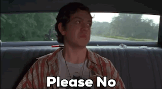 A Man Is Sitting In The Back Seat Of A Car Saying Please No GIF