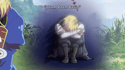 A Man Is Sitting In The Dark With The Words " Doom Doom Doom " Written Above Him GIF