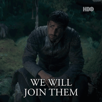 A Man Is Sitting In The Grass With The Words " We Will Join Them " Below Him GIF