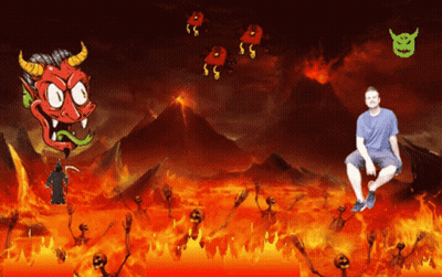 A Man Is Sitting In The Middle Of A Firey Hellscape GIF