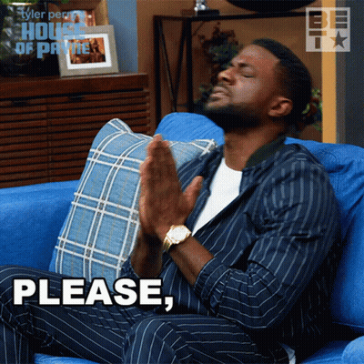 A Man Is Sitting On A Blue Couch With His Hands Folded And The Word Please Written Below Him GIF