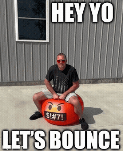 A Man Is Sitting On A Bouncy Ball That Says Hey Yo Let 'S Bounce On It GIF