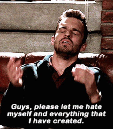 A Man Is Sitting On A Couch With His Eyes Closed And Says " Guys Please Let Me Hate Myself " GIF
