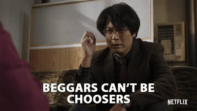 A Man Is Sitting On A Couch With The Words Beggars Can 'T Be Choosers On The Bottom GIF