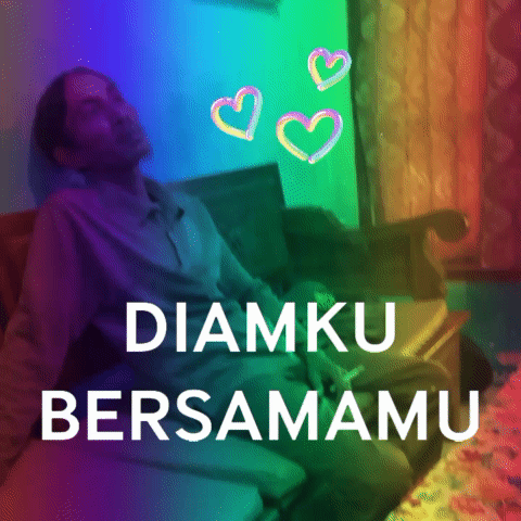 A Man Is Sitting On A Couch With The Words " Diamku Bersamamu " Written Above Him GIF