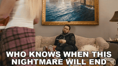 A Man Is Sitting On A Couch With The Words Who Knows When This Nightmare Will End GIF
