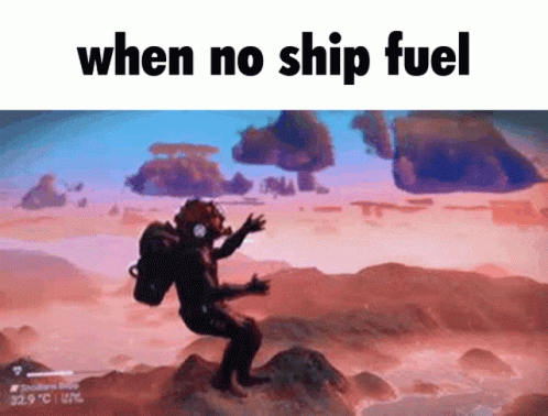A Man Is Sitting On A Rock In A Video Game With The Words " When No Ship Fuel " Above Him GIF