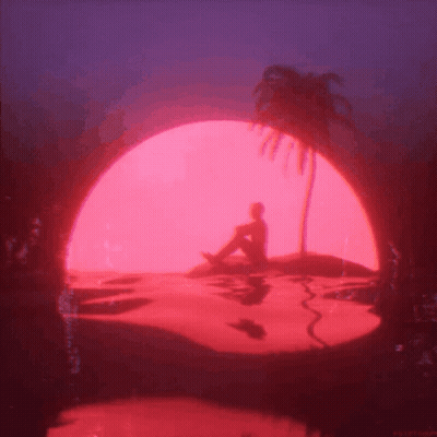 A Man Is Sitting On A Rock In The Water With A Palm Tree In Front Of A Pink Sun . GIF