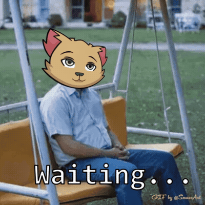 A Man Is Sitting On A Swing With A Cat On His Head And The Words Waiting Behind Him GIF