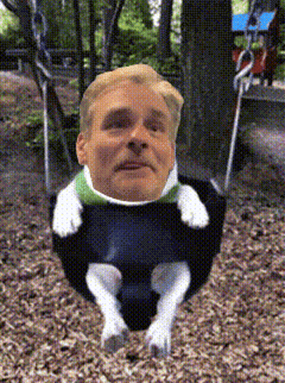 A Man Is Sitting On A Swing With A Dog 'S Paws On It GIF