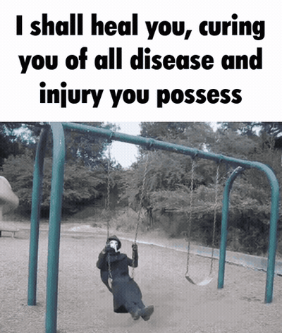 A Man Is Sitting On A Swing With The Words I Shall Heal You Curing You Of All Disease And Injury You Possess On The Bott GIF