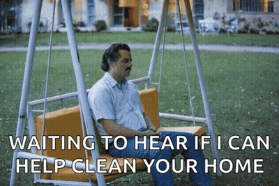 A Man Is Sitting On A Swing With The Words Waiting To Hear If I Can Help Clean Your Home GIF