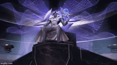 A Man Is Sitting On A Throne In A Room With Purple Lights Behind Him GIF