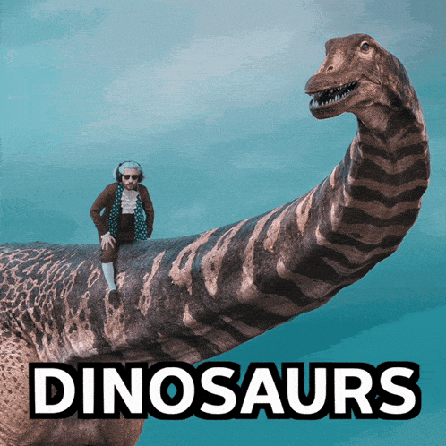 A Man Is Sitting On The Back Of A Dinosaur With The Word Dinosaurs On The Bottom GIF